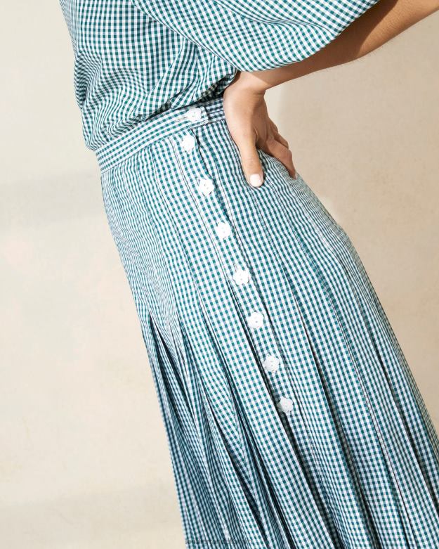 Loeffler Randall Frauen Emlyn-Faltenrock RHV8H223 Mini grüner Gingham Kleidung