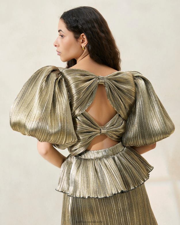 Loeffler Randall Frauen Dorit Faltenkleid mit Puffärmeln RHV8H194 dunkles Gold Kleidung
