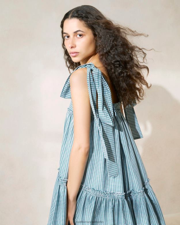Loeffler Randall Frauen Janie Kleid mit Rüschensaum RHV8H191 Mini grüner Gingham Kleidung