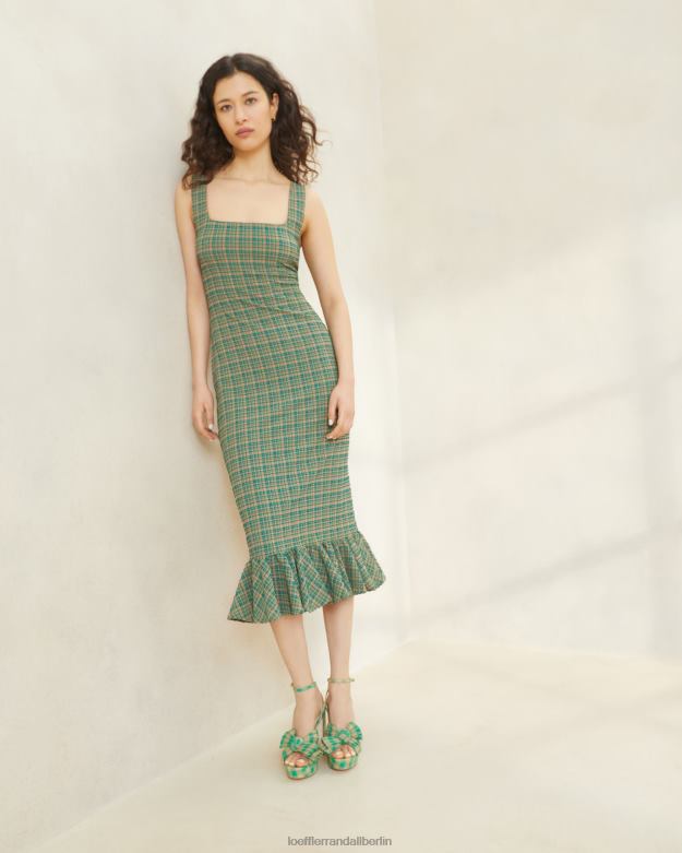 Loeffler Randall Frauen Yessica Tankkleid mit Rüschensaum RHV8H188 grün/butterscotch kariert Kleidung