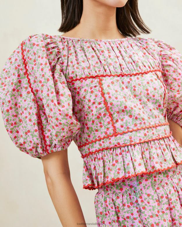 Loeffler Randall Frauen Anna-Erdbeeroberteil mit Puffärmeln und Schößchen RHV8H205 Erdbeerdruck Kleidung