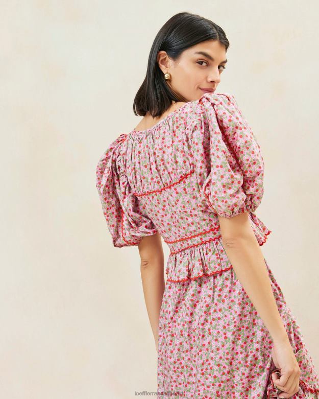 Loeffler Randall Frauen Anna-Erdbeeroberteil mit Puffärmeln und Schößchen RHV8H205 Erdbeerdruck Kleidung
