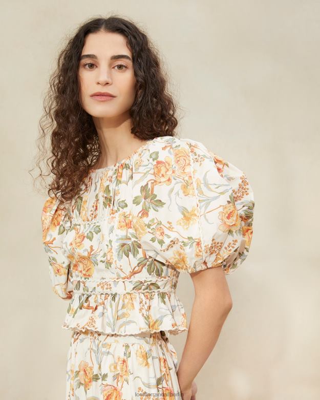 Loeffler Randall Frauen Anna-Top mit Puffärmeln und Schößchen RHV8H206 creme botanisch blumig Kleidung