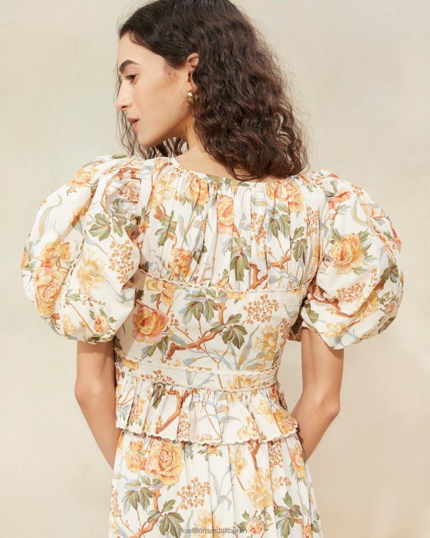 Loeffler Randall Frauen Anna-Top mit Puffärmeln und Schößchen RHV8H206 creme botanisch blumig Kleidung