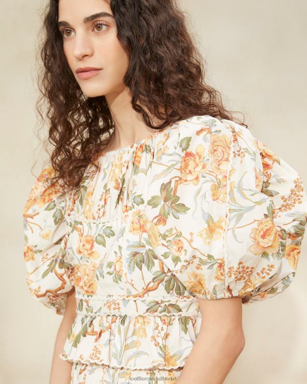 Loeffler Randall Frauen Anna-Top mit Puffärmeln und Schößchen RHV8H206 creme botanisch blumig Kleidung