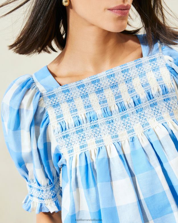 Loeffler Randall Frauen Lydie gesmoktes Oberteil RHV8H199 blauer Gingham Kleidung